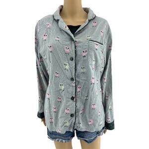 Munki Munki MEDIUM Gray Owl Pajama Sleep Top Long Sleeve Collared Button Up